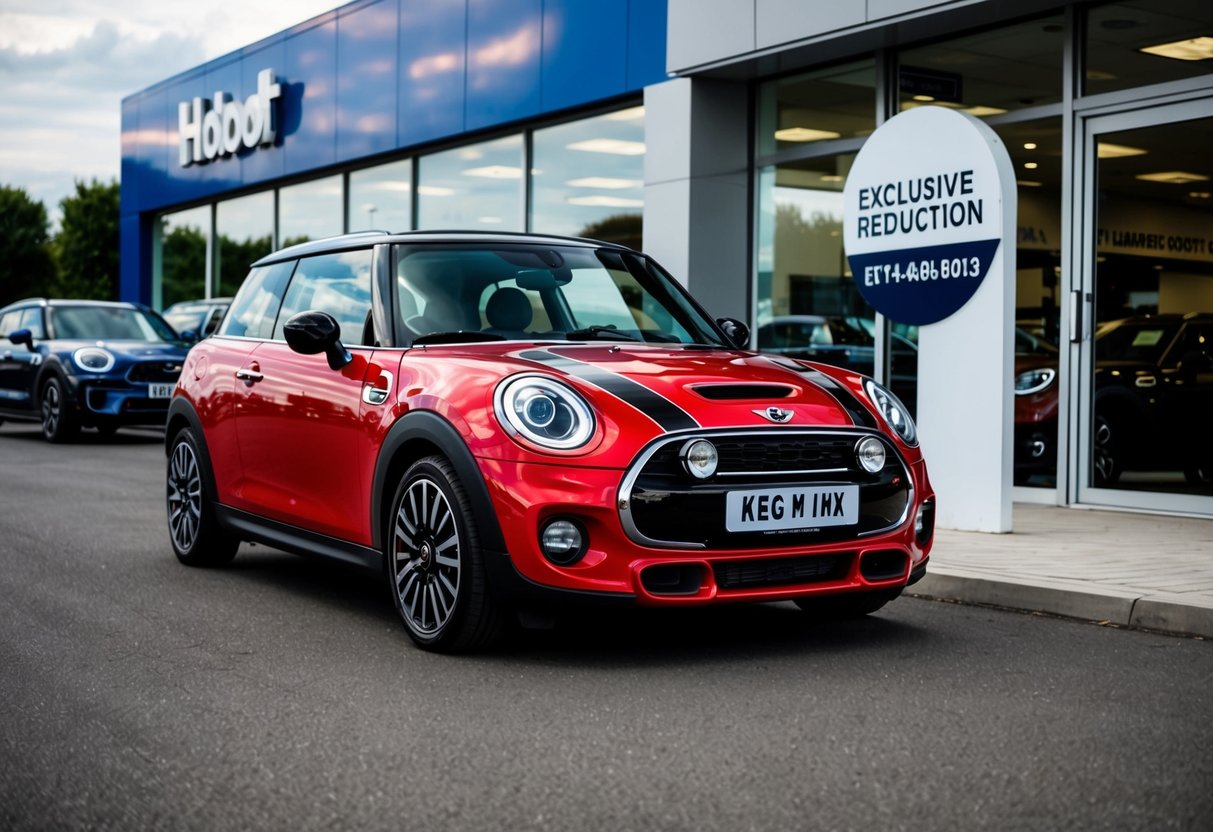 A shiny red Mini Cooper parked in front of a dealership with a large "Exclusive Reduction" sign