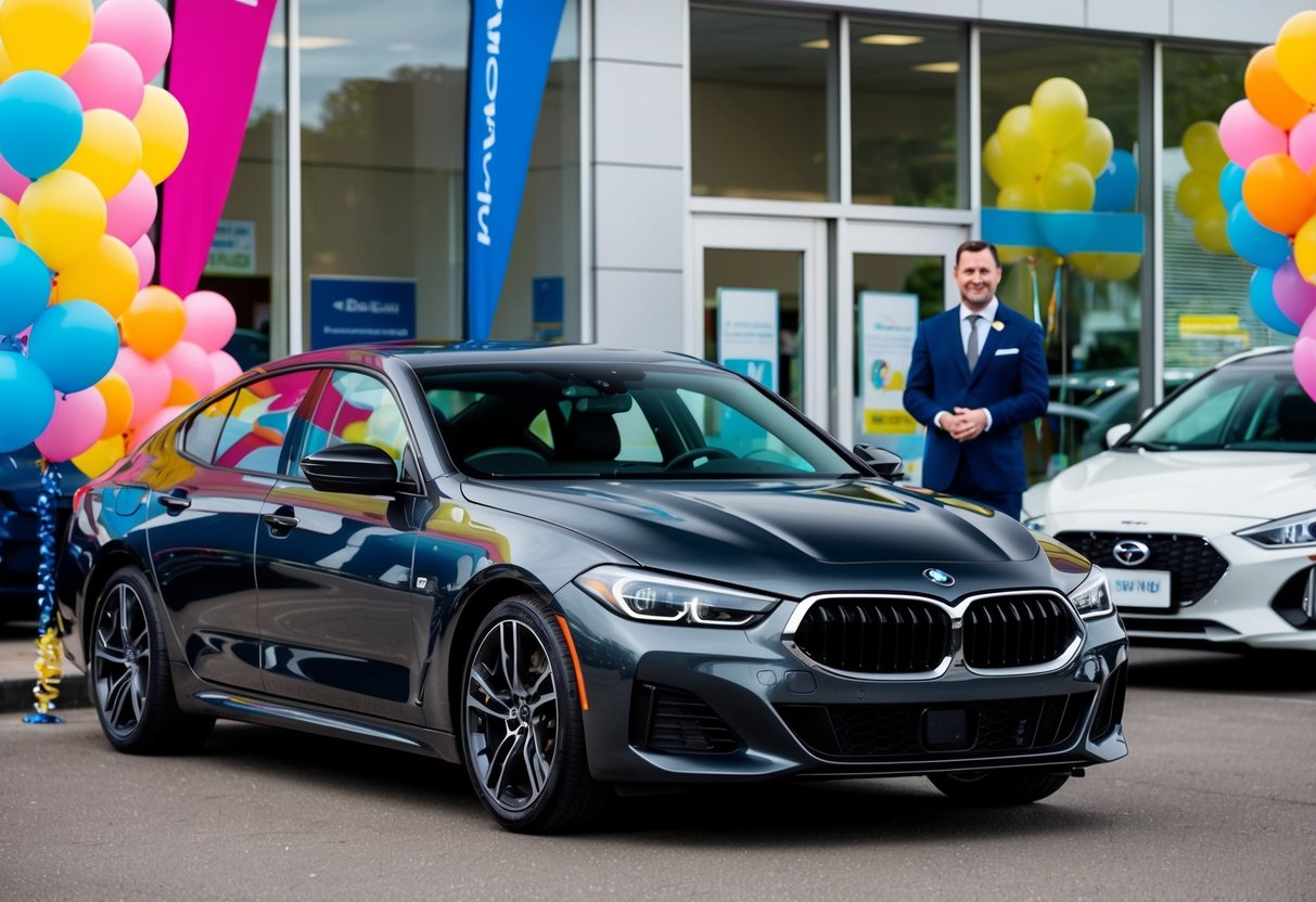 A sleek car parked in front of a dealership, surrounded by colorful banners and balloons. A salesperson stands nearby, ready to assist customers