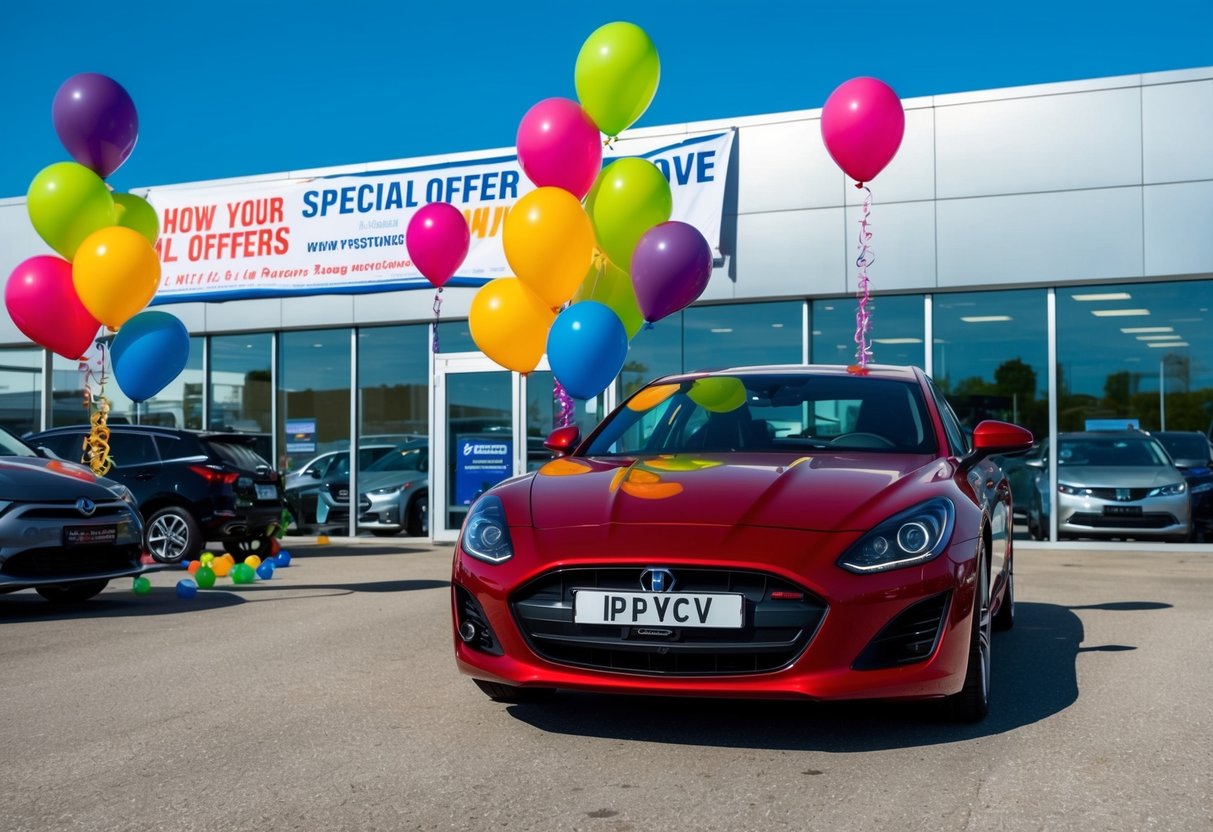 A shiny red car parked in front of a dealership, surrounded by colorful balloons and a large banner promoting special offers