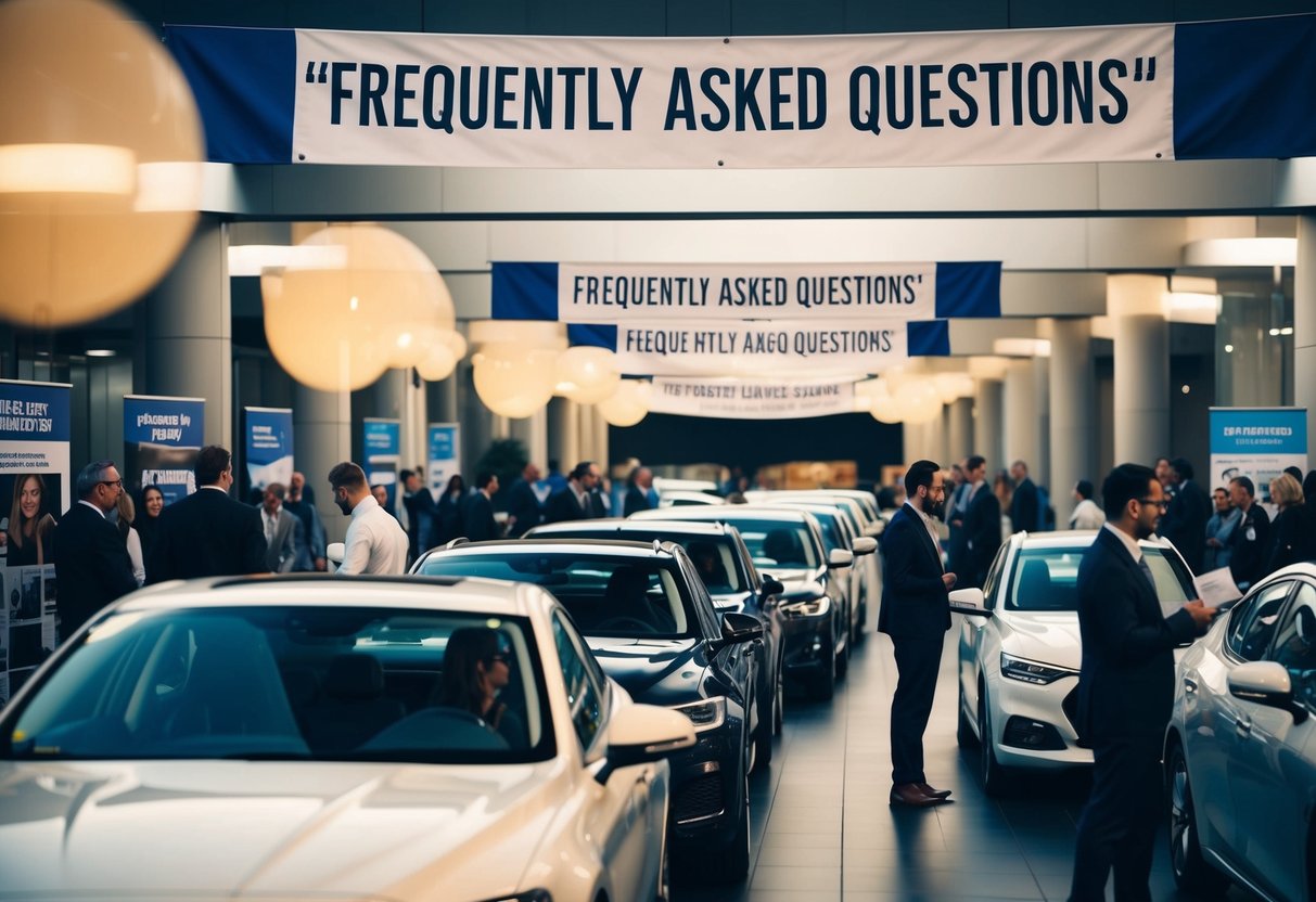 A line of cars with a "Frequently Asked Questions" banner above, surrounded by people and promotional materials