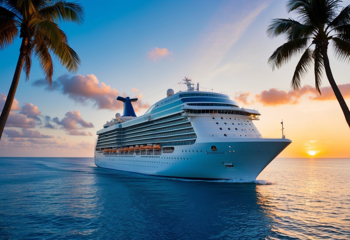 A cruise ship sailing through crystal blue waters with palm trees and a sunset in the background