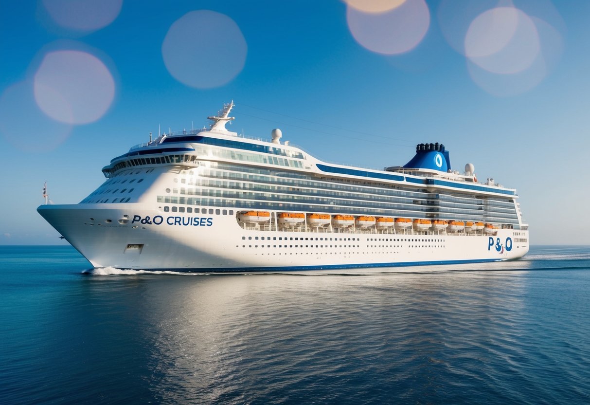 A cruise ship sailing on calm blue waters, with the P&O Cruises logo prominently displayed on the side of the ship