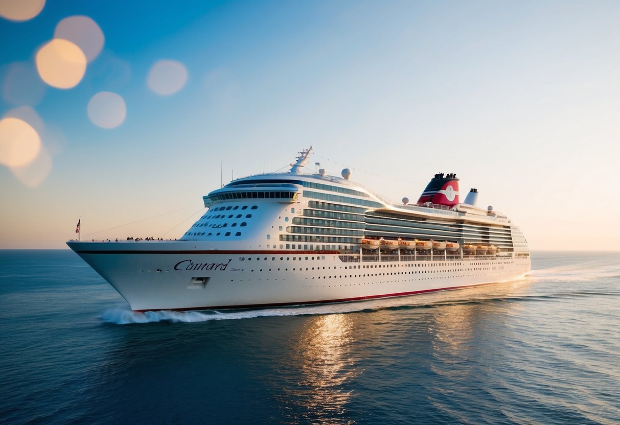 A grand cruise ship sailing through sparkling waters, adorned with the Cunard logo and surrounded by luxurious amenities