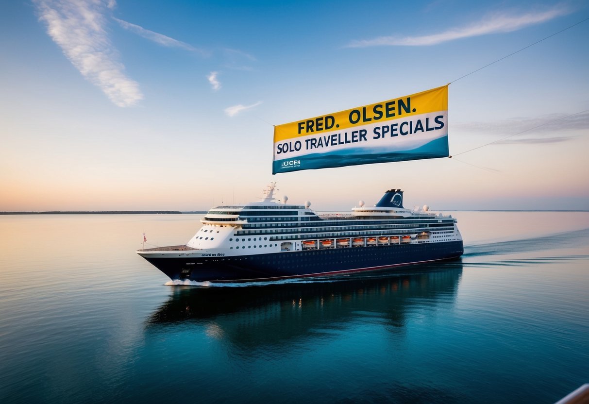 A cruise ship sailing on calm waters with a banner displaying "Fred. Olsen - Solo Traveller Specials" promotions