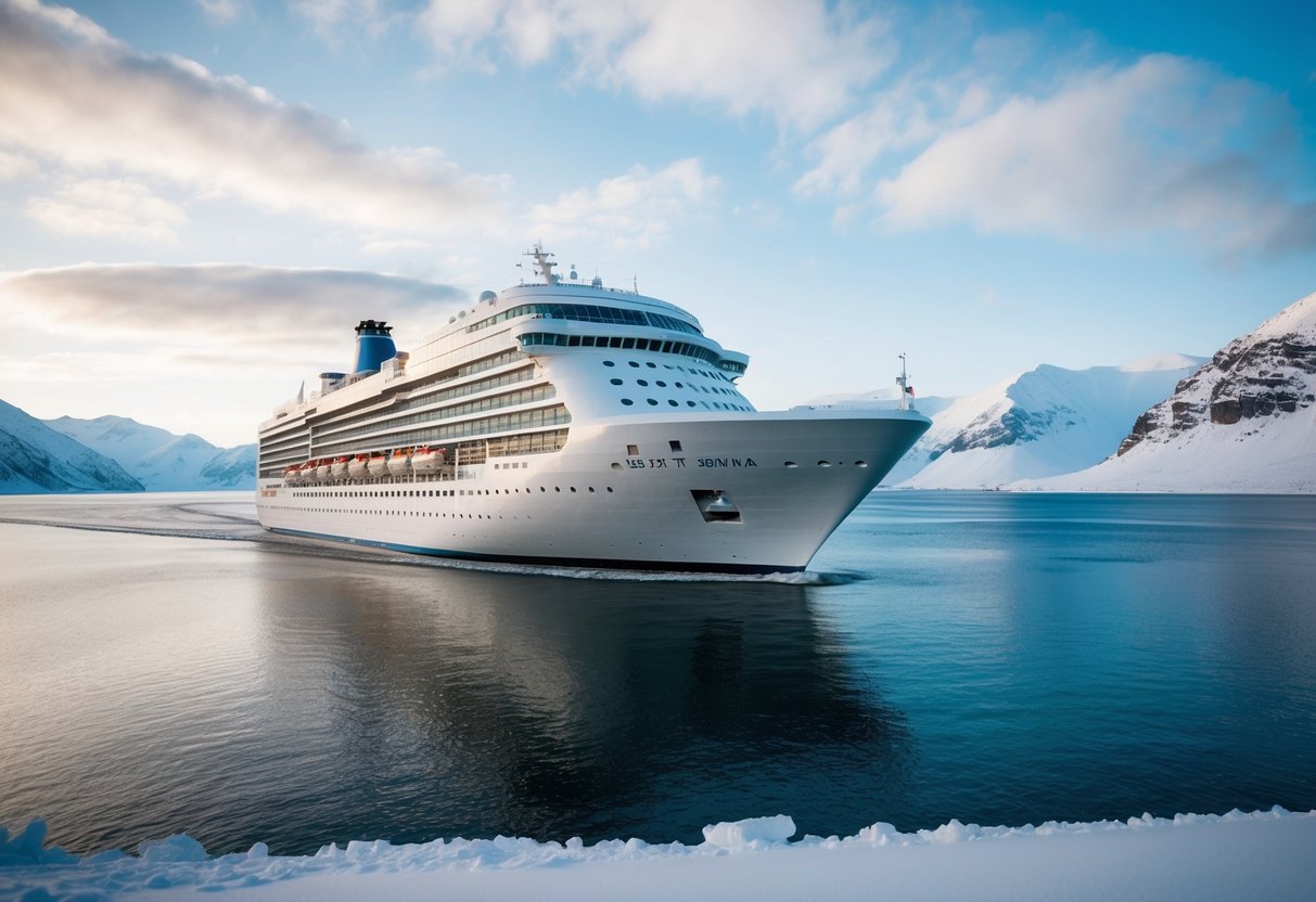 A cruise ship sailing through icy waters, surrounded by snow-capped mountains and a serene winter landscape