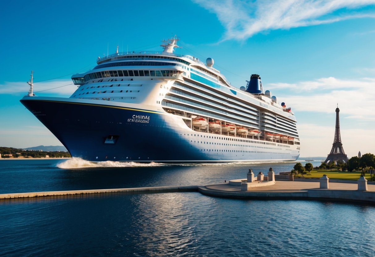 A luxurious cruise ship sails across the globe, passing by iconic landmarks and picturesque landscapes under a clear blue sky