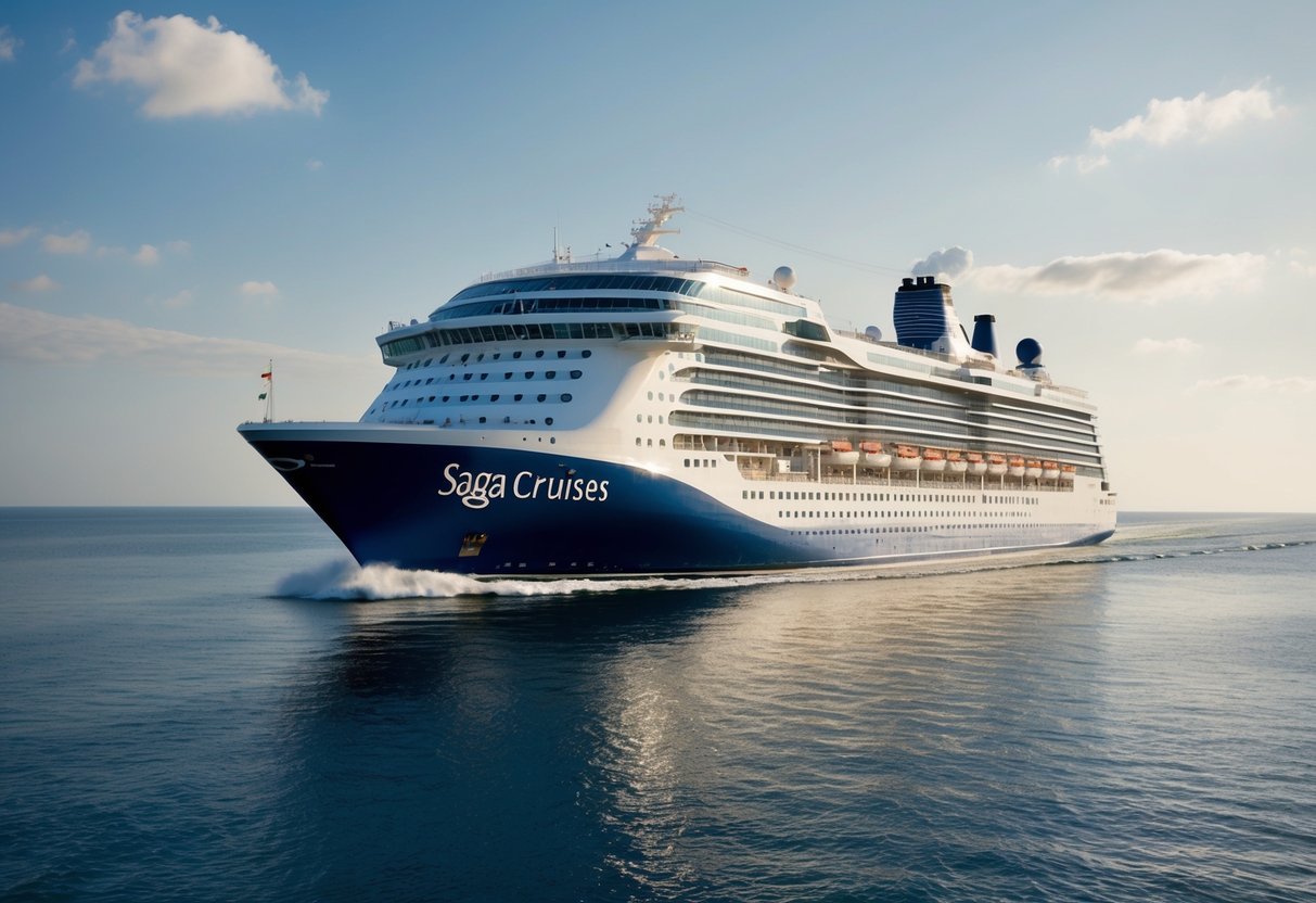 A cruise ship sailing on calm waters under a sunny sky, with the Saga Cruises logo prominently displayed on the side of the ship