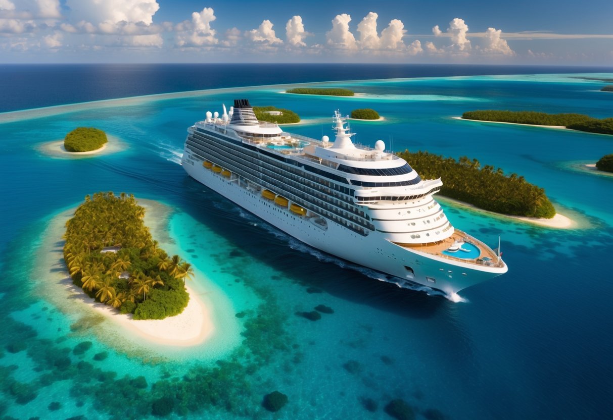 A luxurious cruise ship sails through crystal-clear waters, surrounded by palm-fringed tropical islands and vibrant coral reefs