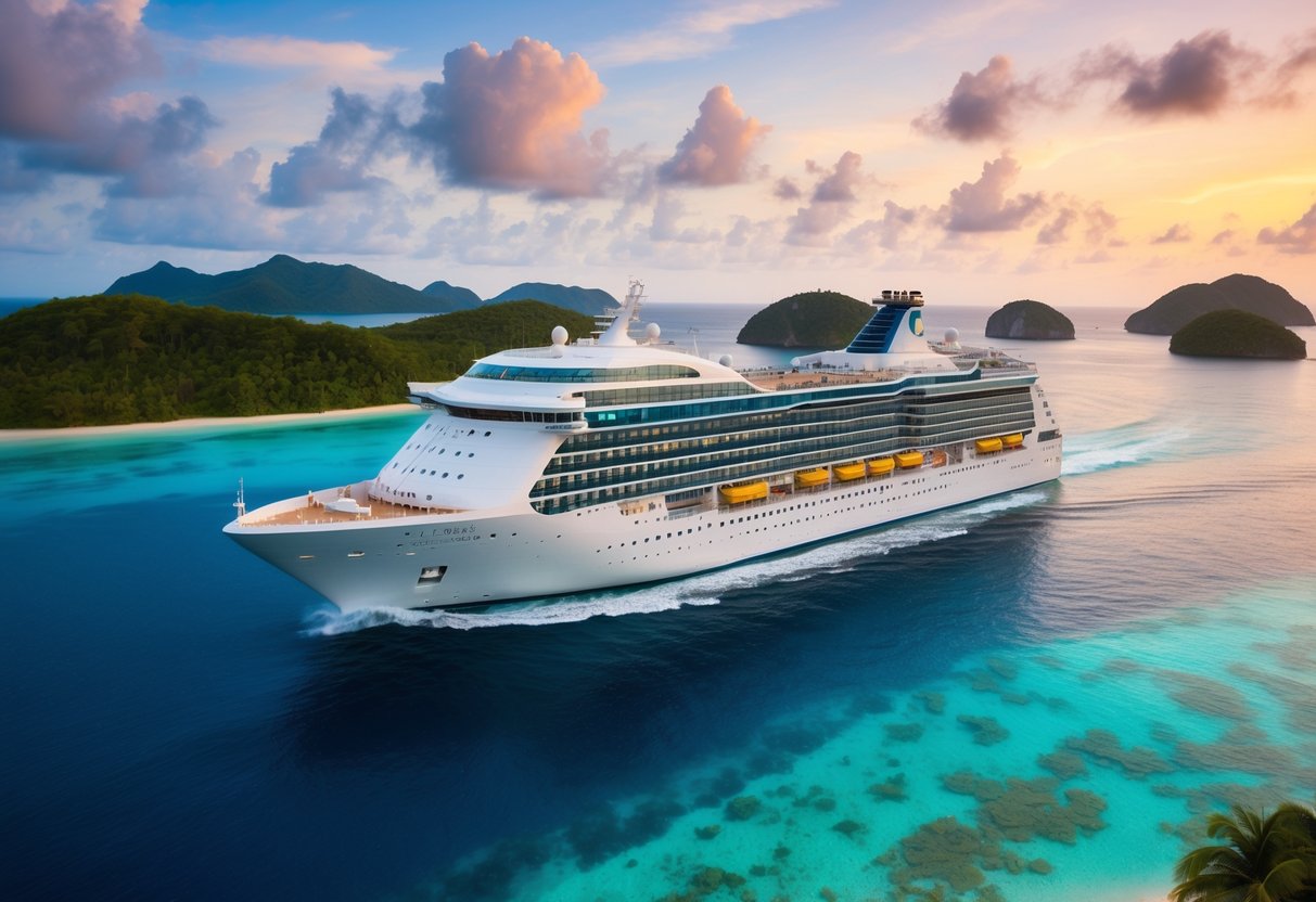 A luxurious cruise ship sailing through crystal-clear waters, surrounded by lush tropical islands and a vibrant sunset