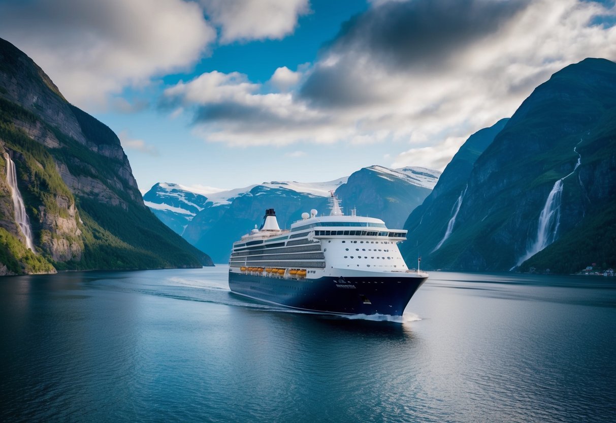 A majestic cruise ship sails through the breathtaking Norwegian fjords, surrounded by towering mountains and cascading waterfalls
