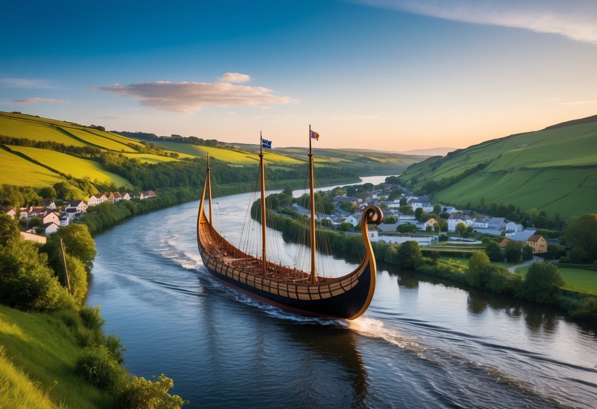 A Viking longship sails through a scenic river valley, surrounded by lush green hills and quaint villages. The sun sets on the horizon, casting a warm glow over the tranquil waters