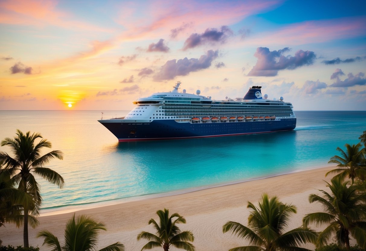 A cruise ship sailing on calm, turquoise waters with a vibrant sunset in the background, surrounded by palm trees and a sandy beach