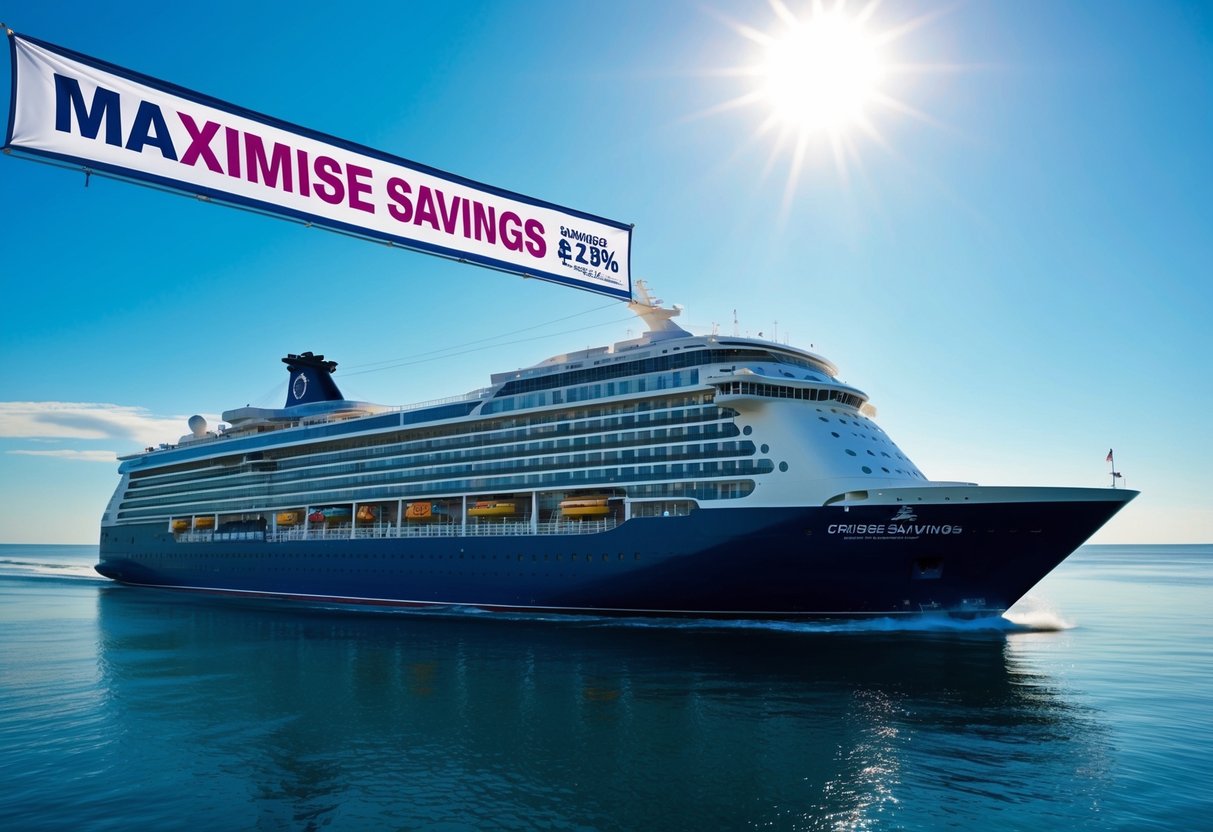 A cruise ship sailing through calm waters with a banner displaying "Maximise Savings" and a promotional offer. Blue skies and a bright sun overhead