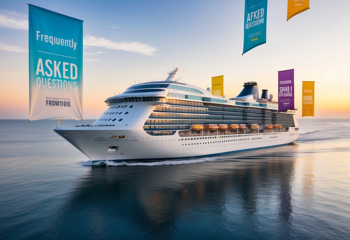 A cruise ship sailing on calm waters surrounded by colorful banners advertising "Frequently Asked Questions" promotions