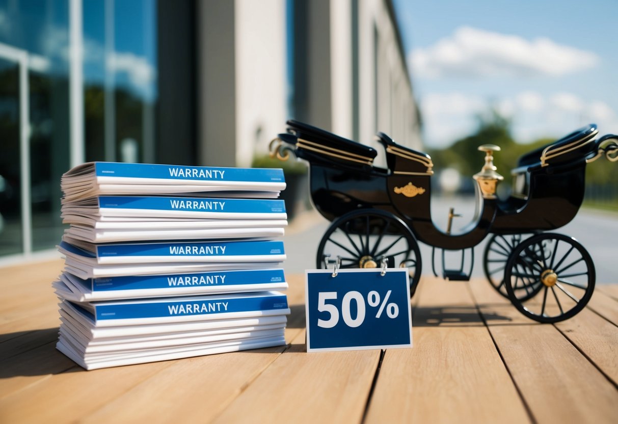 A stack of warranty brochures next to a sleek carriage with a discount sign