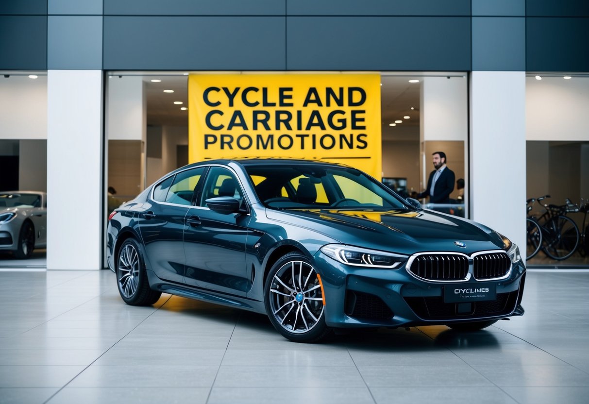 A sleek car parked in front of a modern showroom with a prominent "Cycle and Carriage Promotions" banner displayed