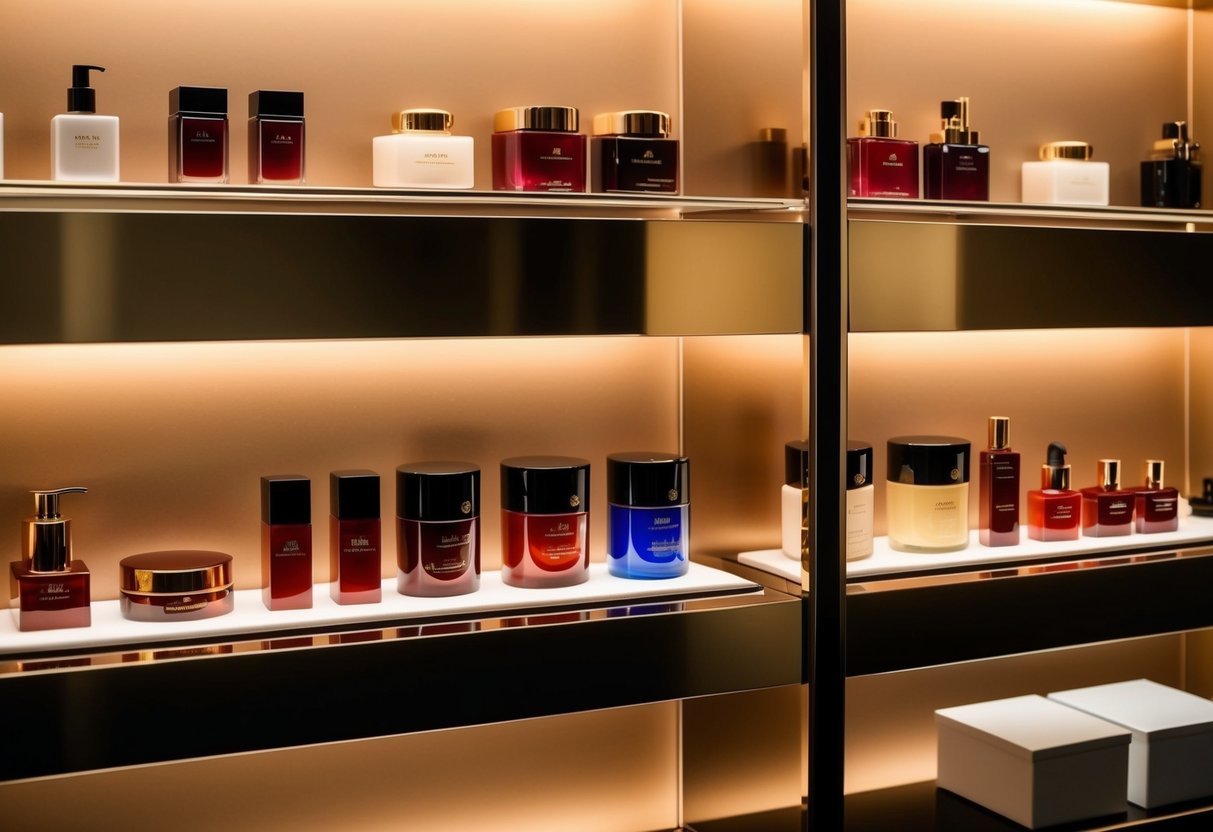 A display of luxury products arranged on sleek shelves under soft, warm lighting