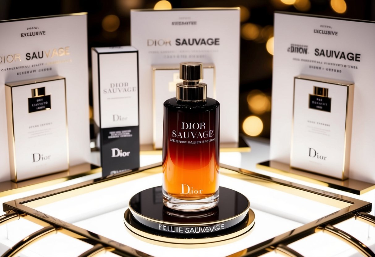 A sleek bottle of Dior Sauvage sits on a luxurious display stand, surrounded by elegant promotional materials and exclusive deal offers