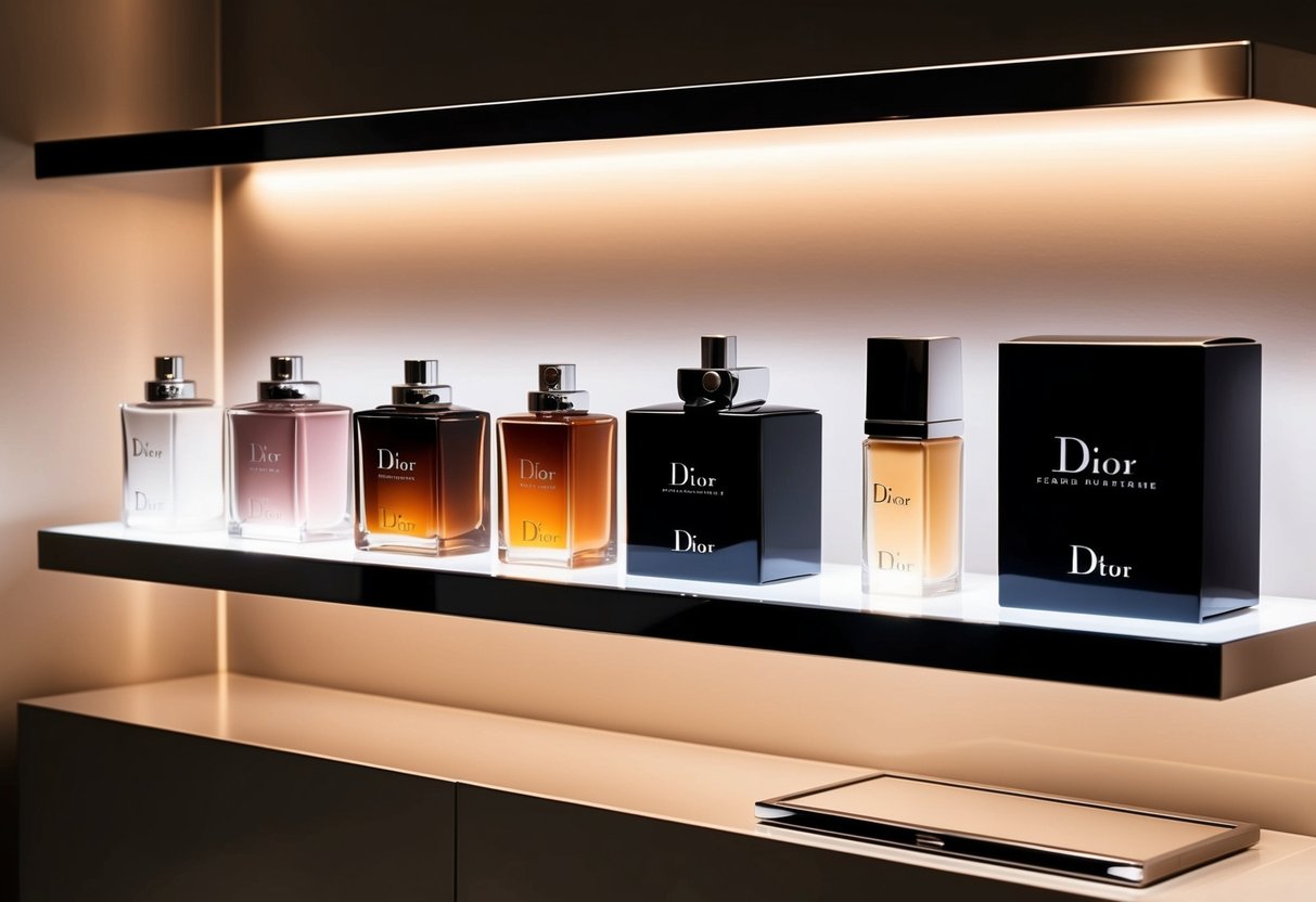 A luxurious display of Dior products arranged on a sleek, minimalist shelf with soft, warm lighting highlighting the elegant packaging