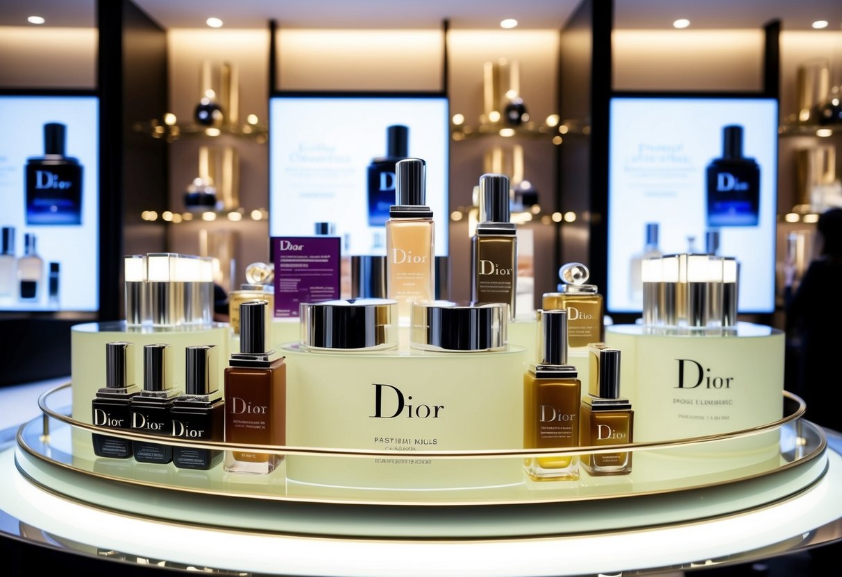 A luxurious display of Dior products on sale, with bright signage and enticing promotions