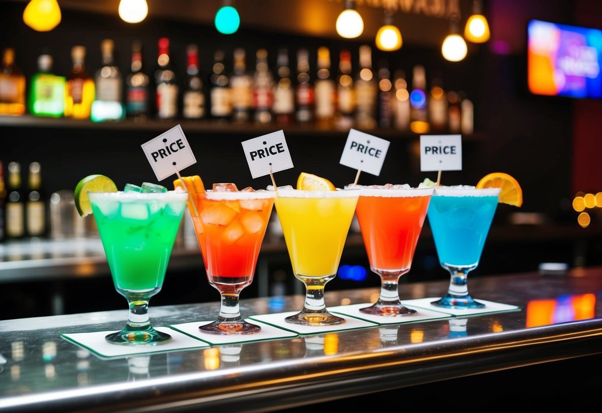 Colorful cocktails on a bar counter with price tags and promotional signs. Bright lights and festive atmosphere