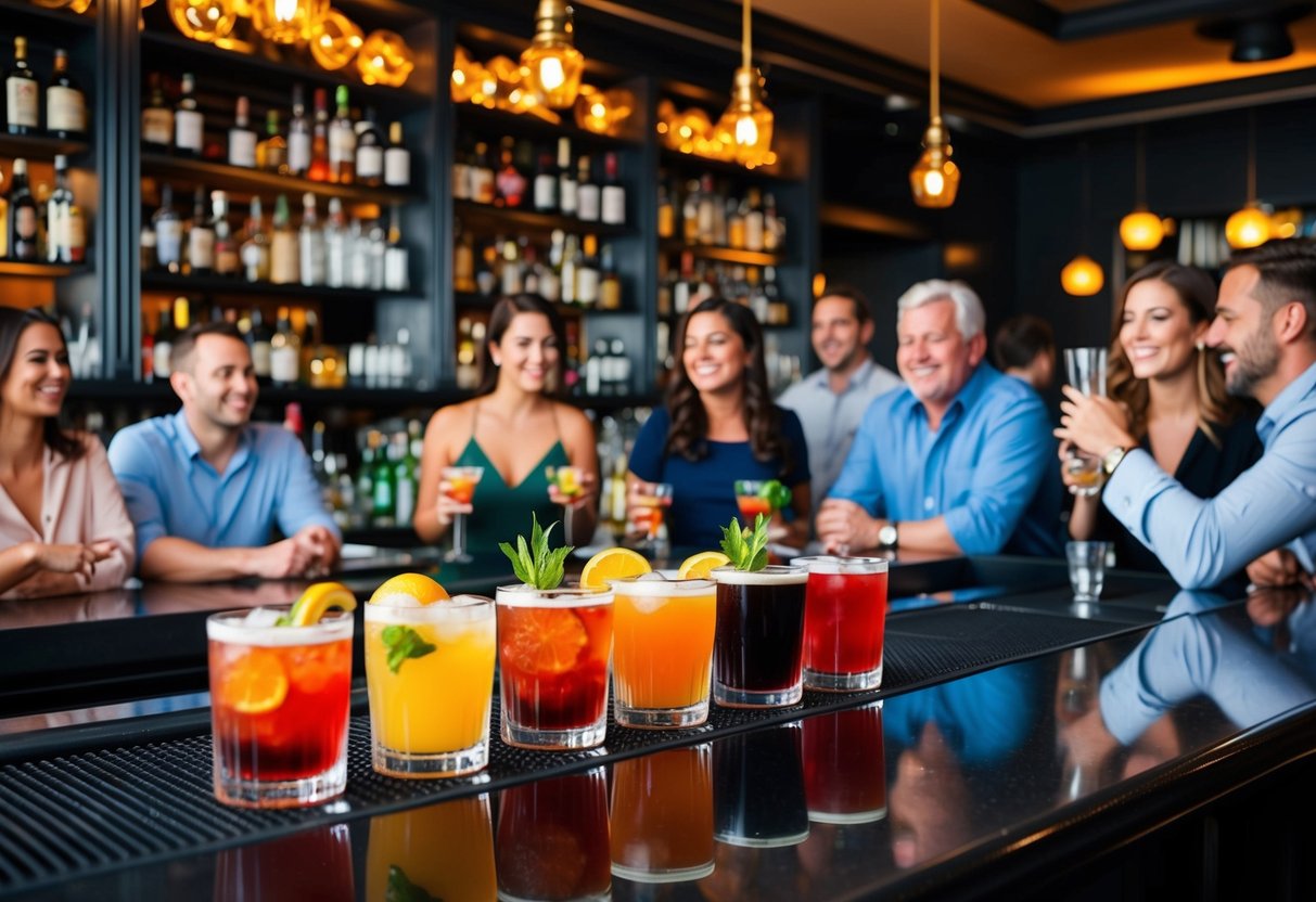 A bustling bar with colorful cocktails lined up on the counter, surrounded by happy patrons enjoying the lively atmosphere