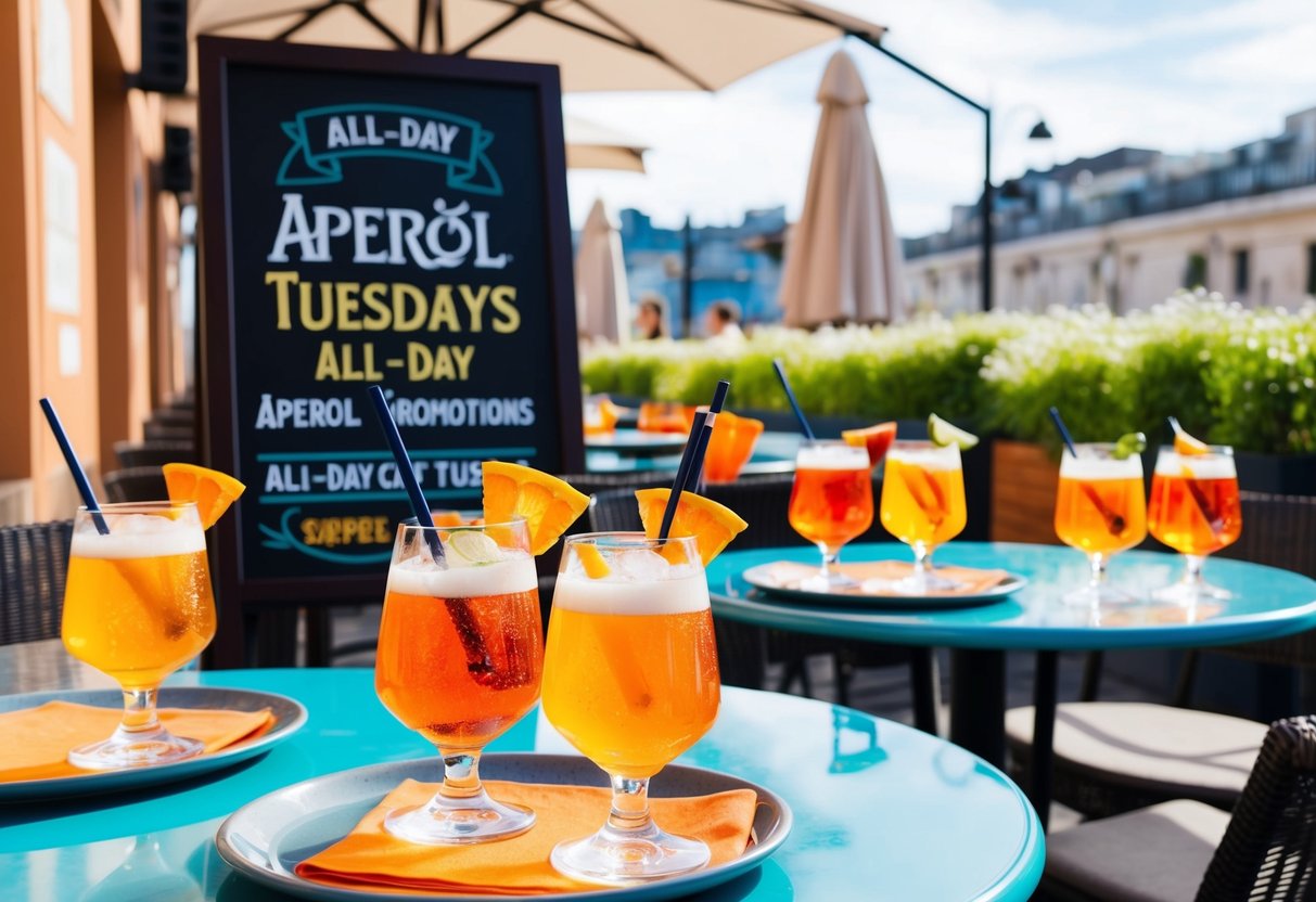 A lively outdoor patio with colorful Aperol spritzes on tables and a chalkboard sign advertising the All-Day Aperol Tuesdays drinks promotions