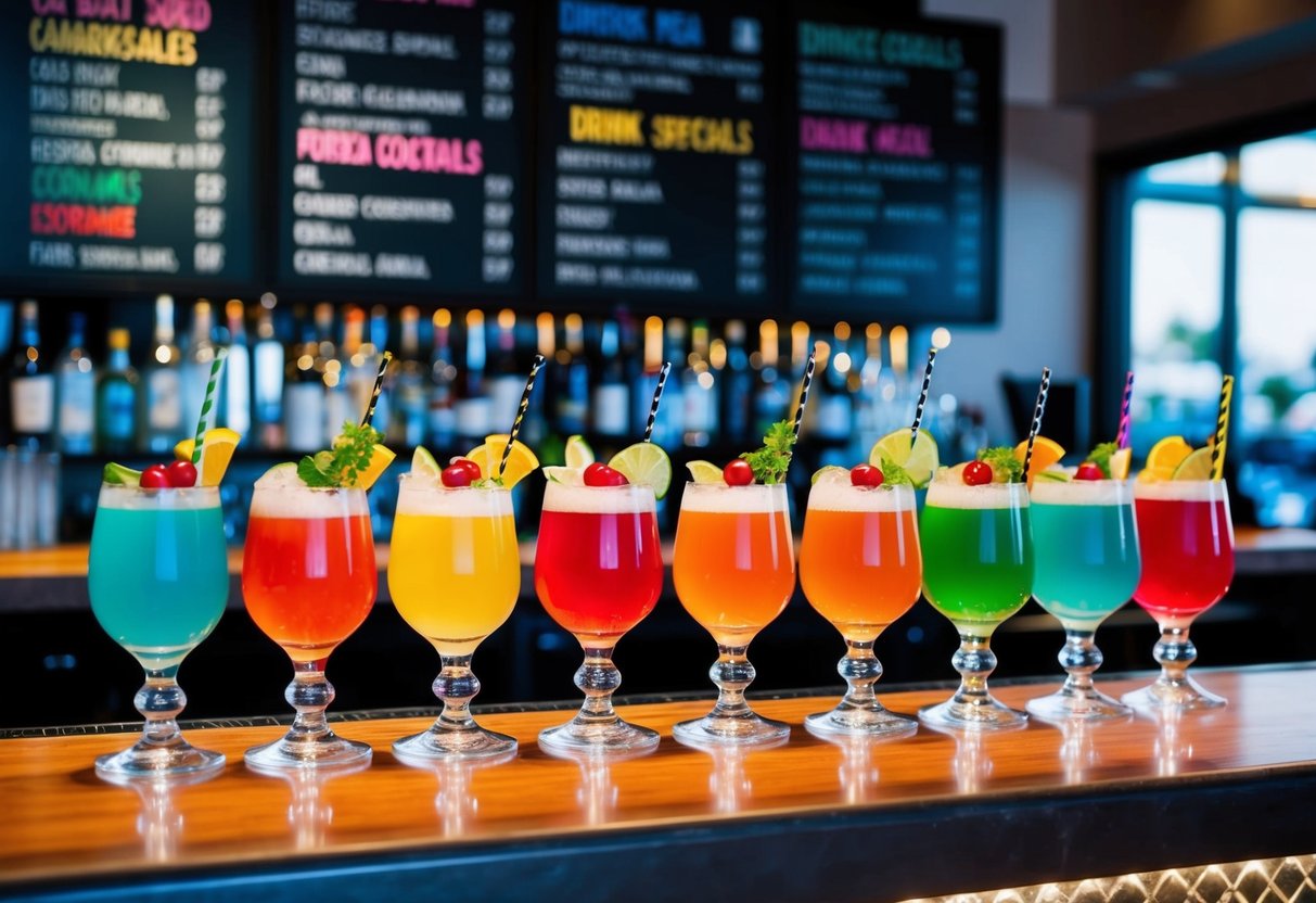 Colorful cocktails lined up on a bar with decorative garnishes and drink specials displayed on a chalkboard menu