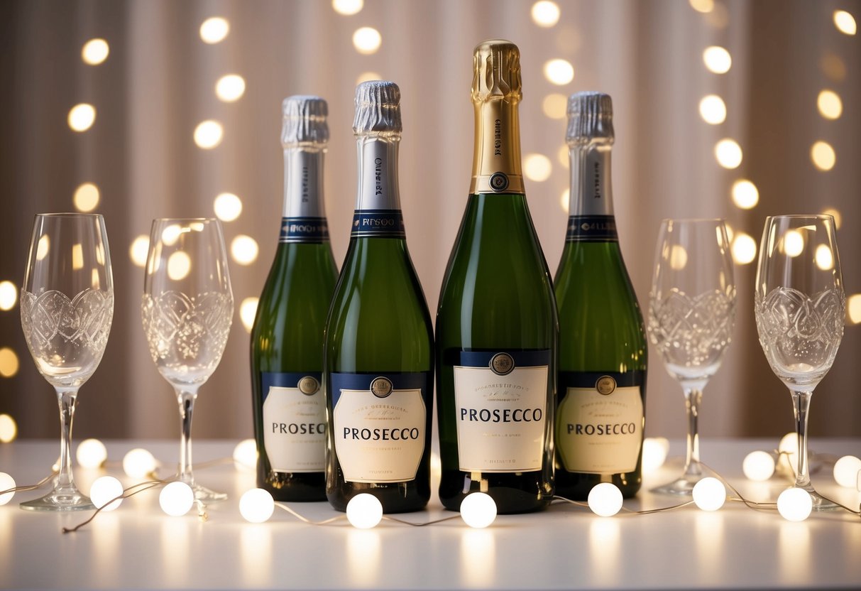 Bottles of Prosecco surrounded by elegant glassware and decorative party lights
