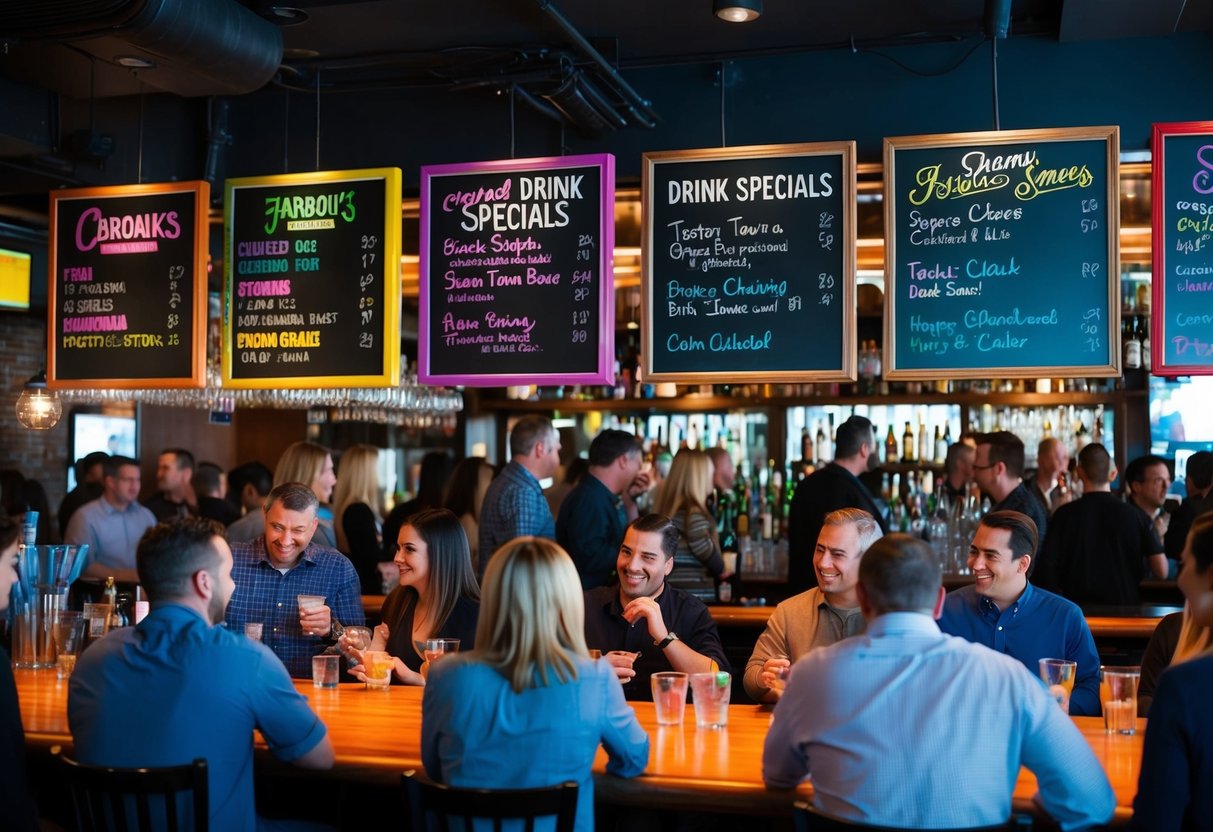 A crowded bar with colorful drink specials displayed on chalkboard signs. Patrons chatting and clinking glasses in the background
