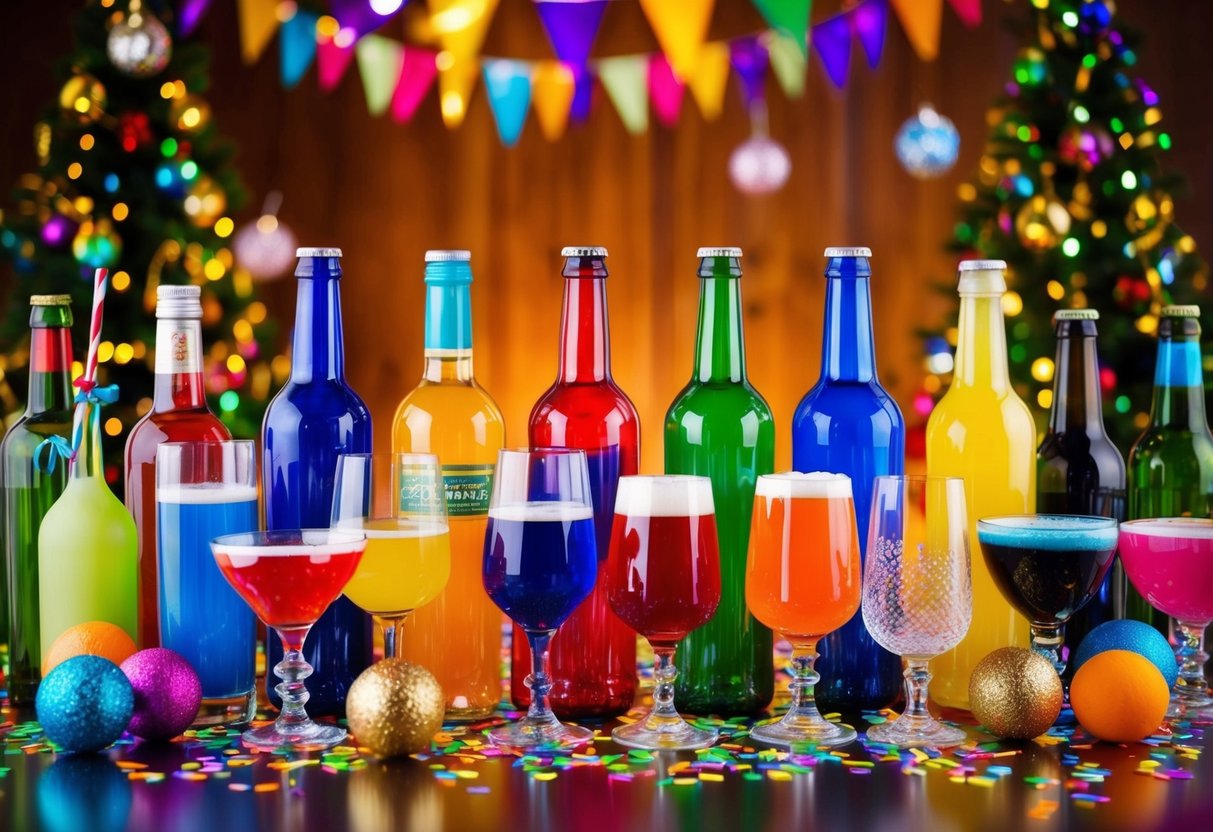 A colorful display of vibrant drink bottles and glasses, surrounded by festive decorations and confetti, with a lively atmosphere