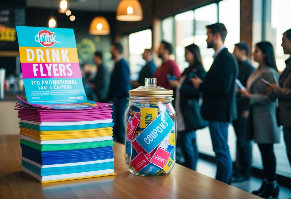 A stack of colorful drink flyers next to a jar of promotional coupons, with a line of customers waiting to ask questions