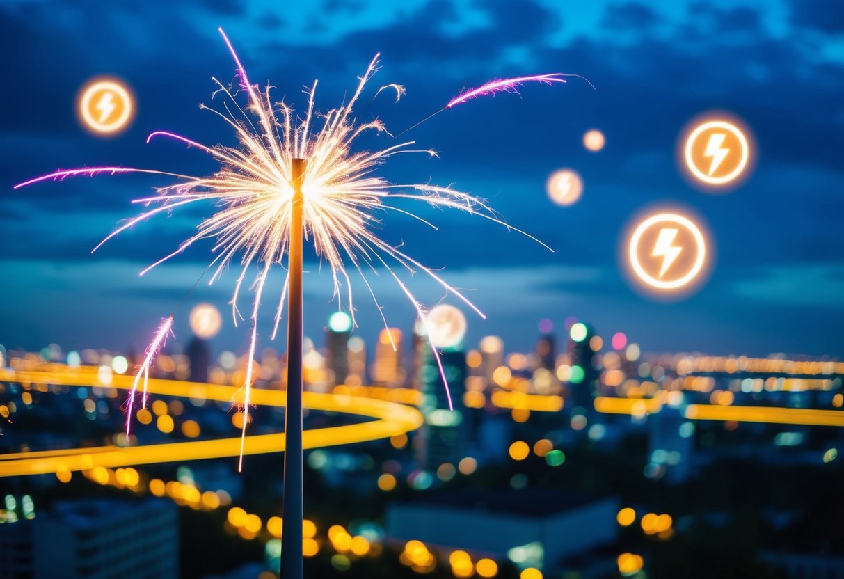 Bright, colorful lights illuminate a cityscape, with electric sparks and energy symbols floating in the air. A vibrant, dynamic display of electricity promotions