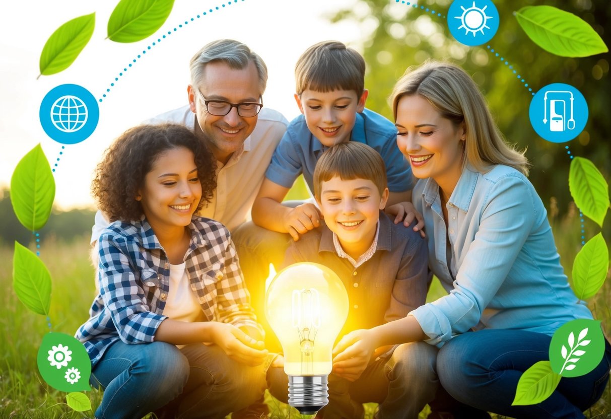 A family of four happily gathered around a glowing lightbulb, surrounded by symbols of renewable energy and nature