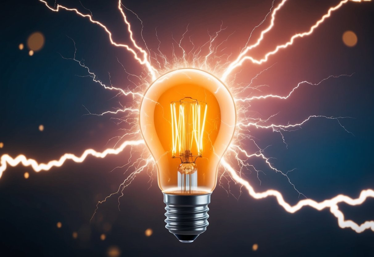 A glowing light bulb surrounded by lightning bolts and energy sparks