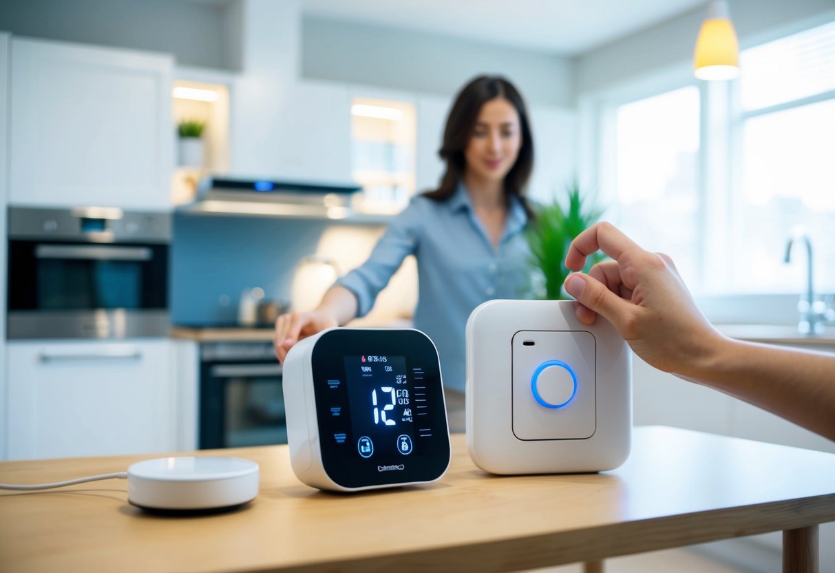 A brightly lit room with energy-efficient appliances, LED light bulbs, and a smart thermostat. A person turning off unused electronics