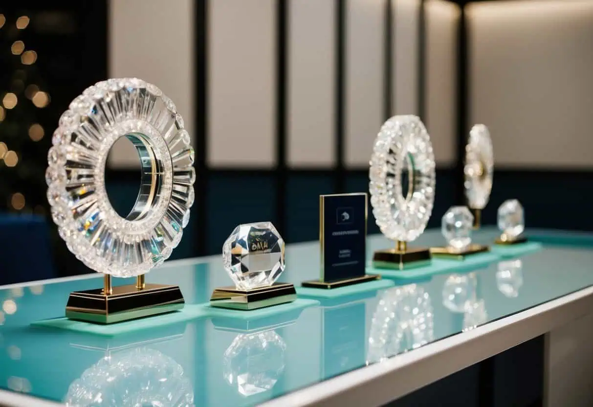 A sparkling crystal jade display with elegant promotional items arranged on a sleek, modern table