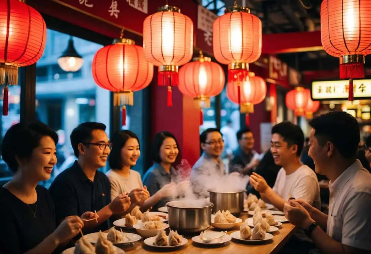 A bustling restaurant with red lanterns, steaming dumplings, and happy customers enjoying din tai fung promotions