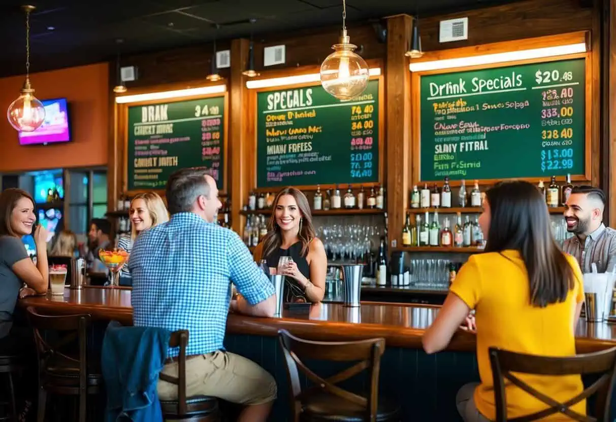 A vibrant bar scene with colorful drink specials displayed on chalkboards and lively patrons enjoying the atmosphere