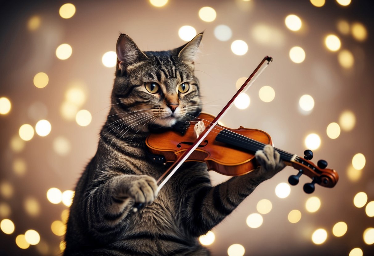 A cat playing a fiddle surrounded by twinkling stars