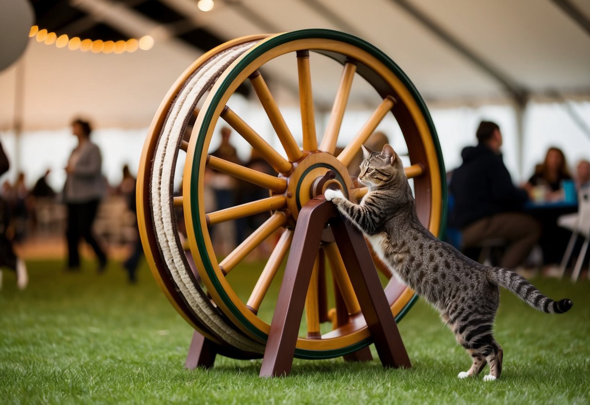 Cats playfully spin a giant fiddle wheel at the "Feline Frolic" event