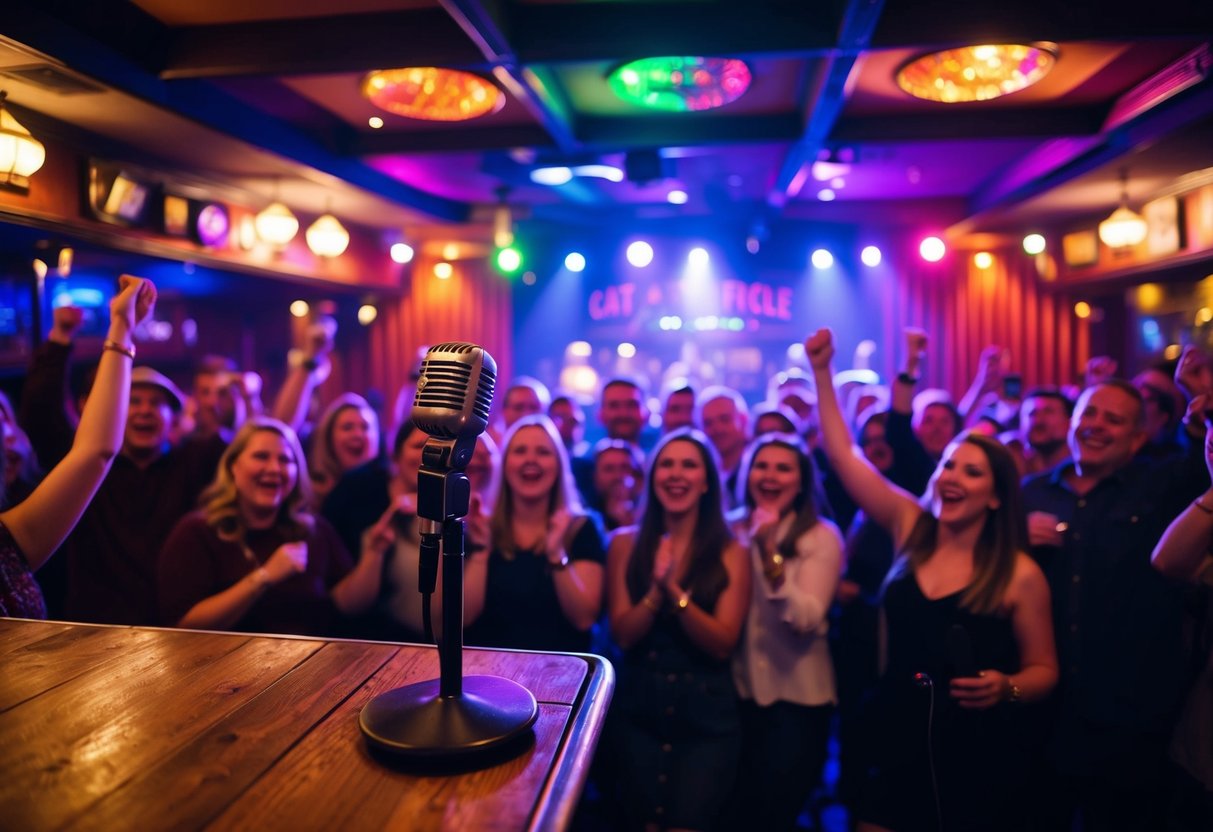 A lively karaoke night at the Cat and Fiddle Pub, with colorful stage lights, a cheering crowd, and a microphone stand