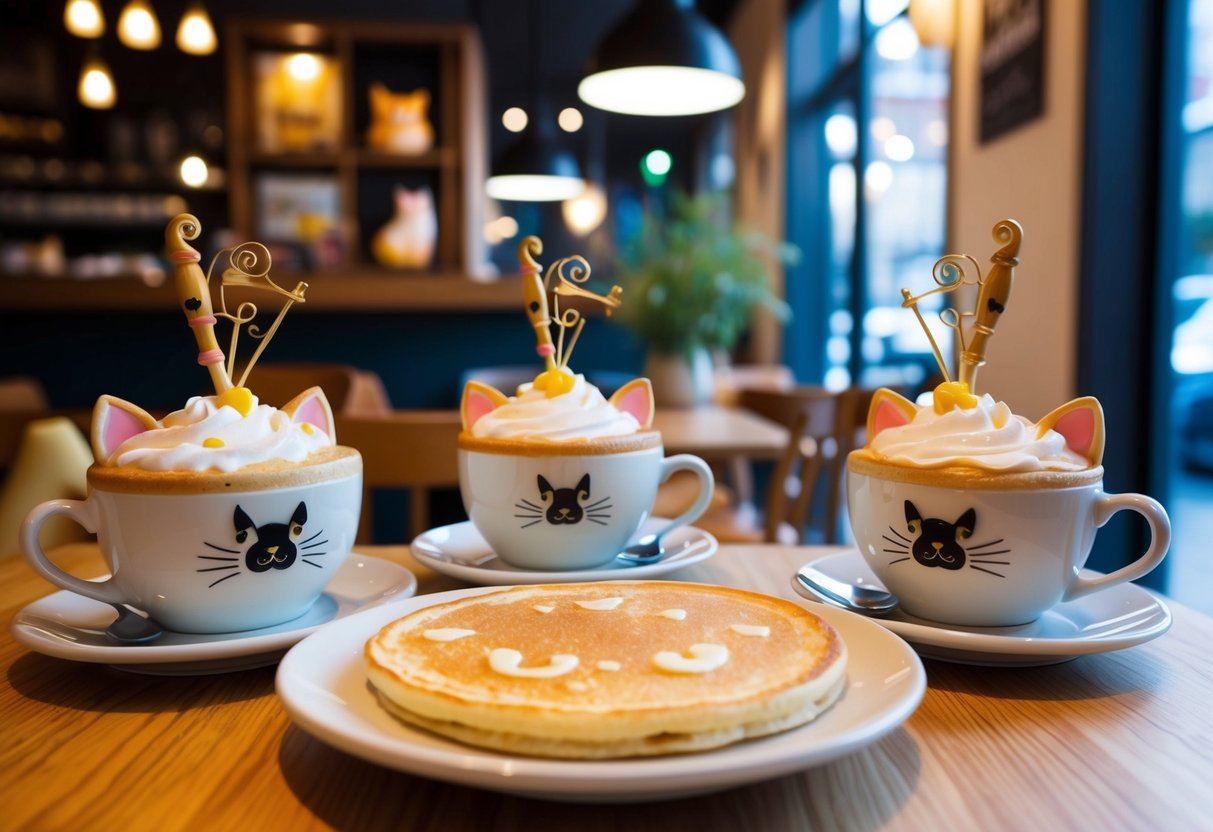 A cozy cafe with cat-shaped pancakes and lattes, featuring whimsical cat and fiddle decorations