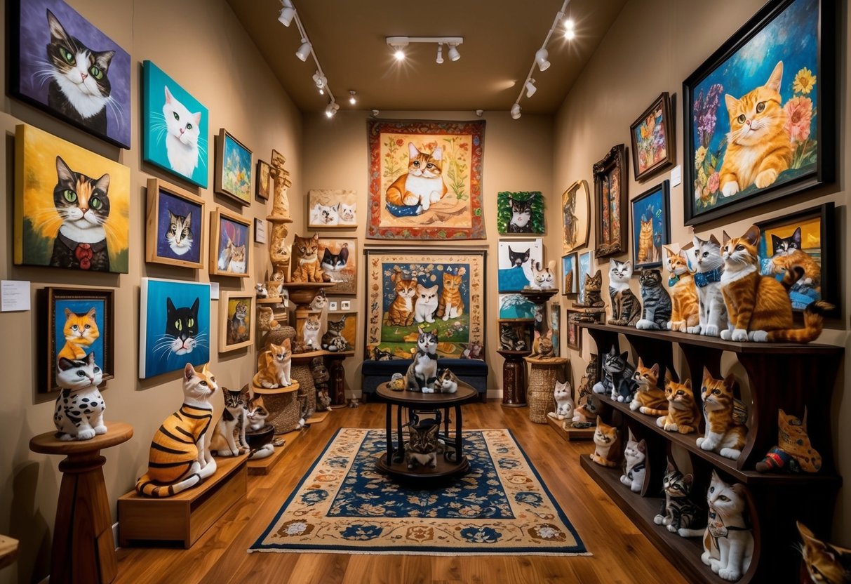 A cozy art gallery filled with whimsical cat-themed paintings, sculptures, and tapestries, all inspired by the playful and mischievous nature of felines