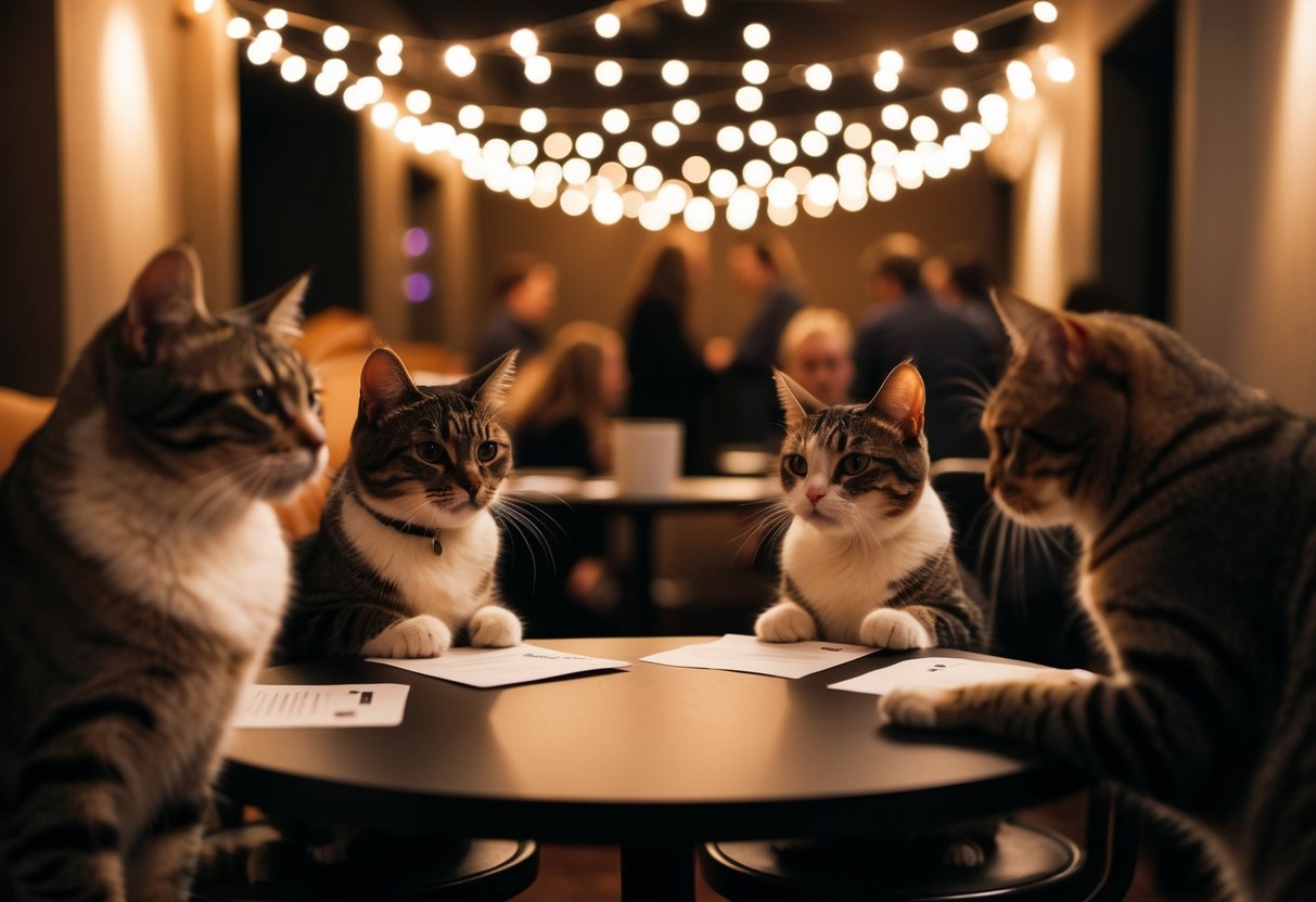 Cats mingling in a cozy, dimly lit room with small tables and twinkling lights, as they participate in a "Meow Mixer" speed dating event
