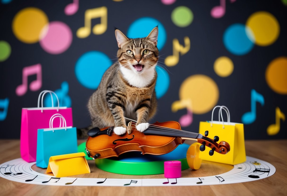 A playful cat perched on a whimsical fiddle surrounded by colorful promotional items and musical notes