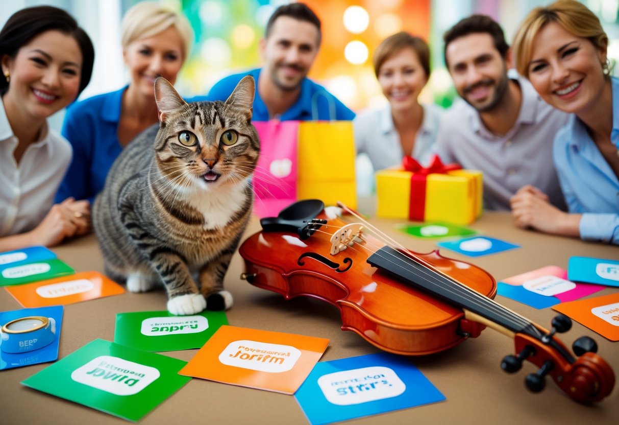A playful cat and a whimsical fiddle surrounded by colorful promotional items and happy customers