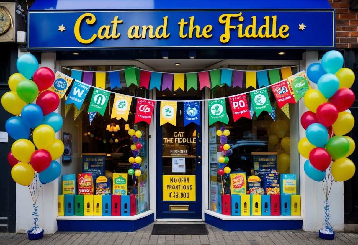 A festive display of colorful banners and balloons adorns the storefront of Cat and the Fiddle, drawing attention to the various promotions offered