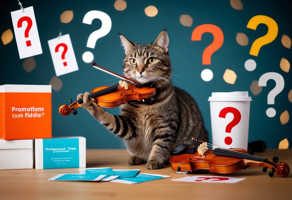 A cat playing a fiddle surrounded by promotional items and question marks