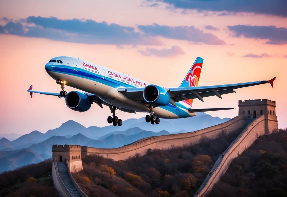 A vibrant airplane flying over the Great Wall of China with the China Airlines logo prominently displayed